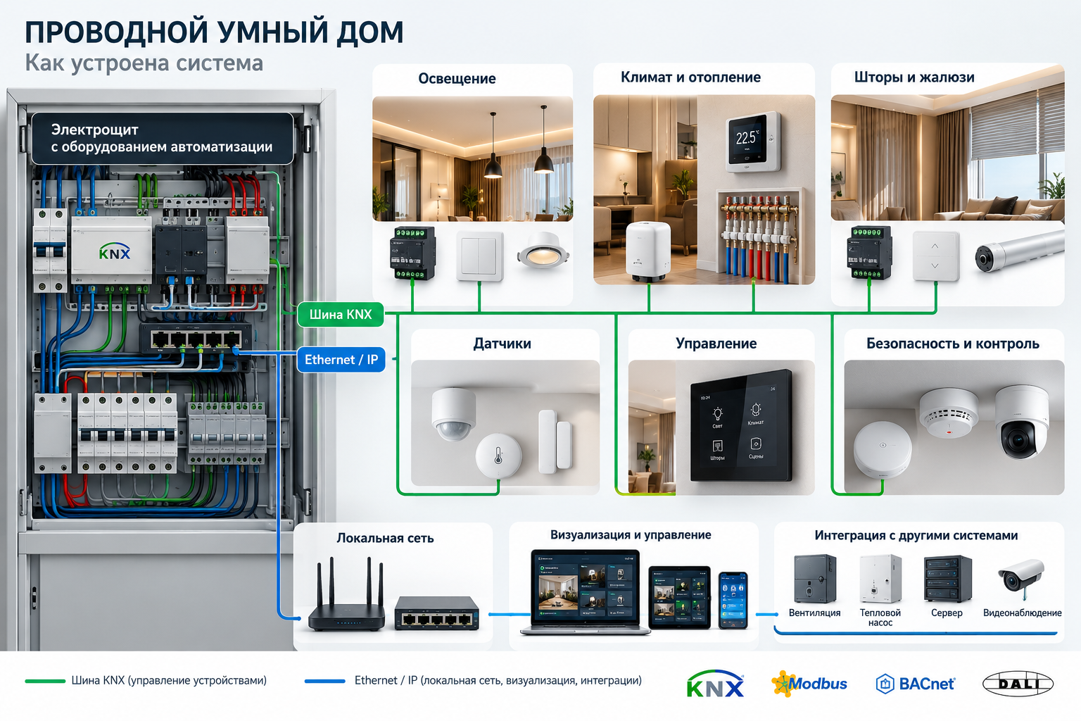 Схема проводного умного дома с электрощитом, шиной KNX и Ethernet для управления освещением, климатом, шторами, датчиками и безопасностью