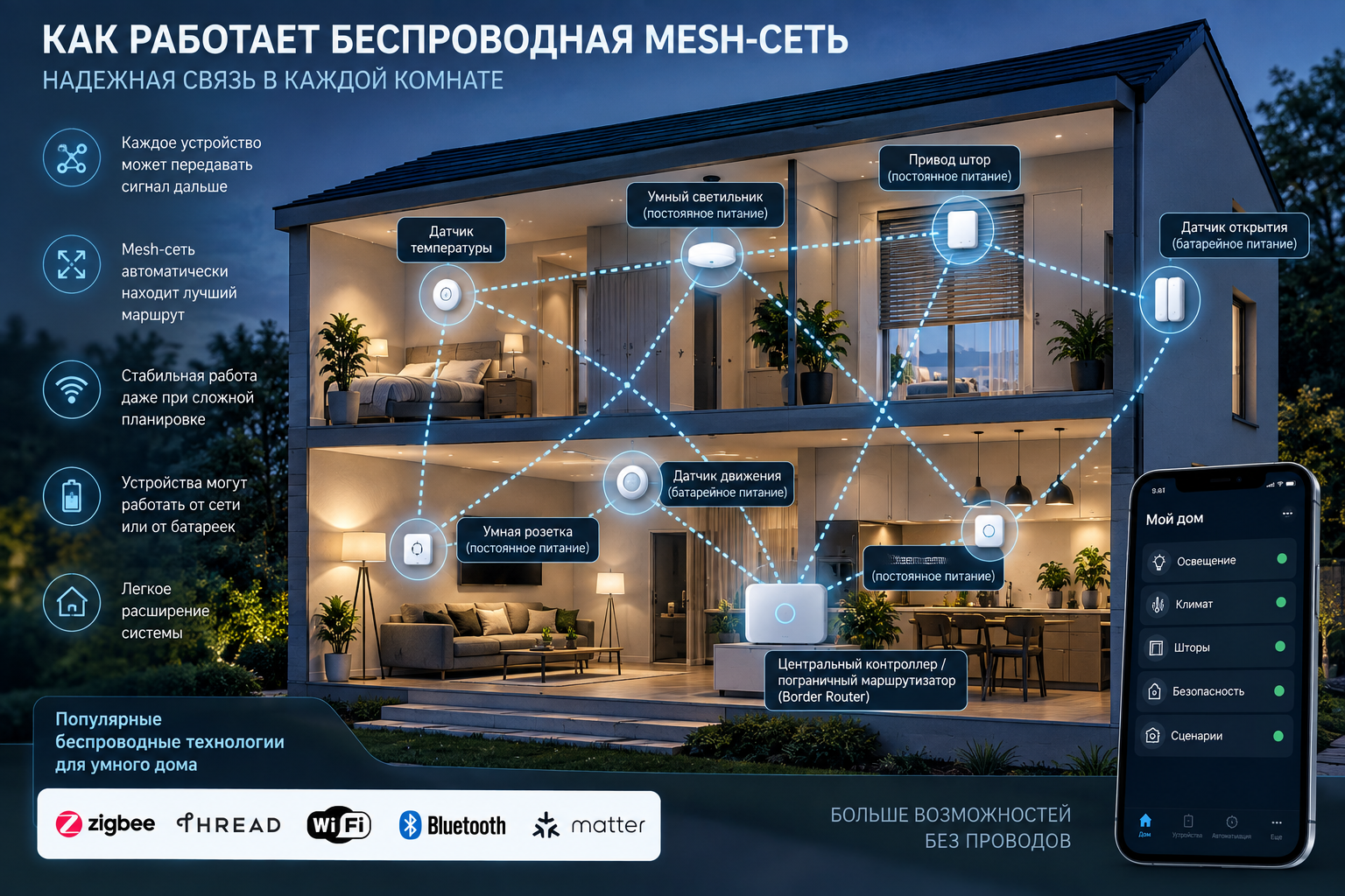 Схема беспроводной Mesh-сети умного дома с датчиками, умными розетками, освещением и контроллером Zigbee и Thread