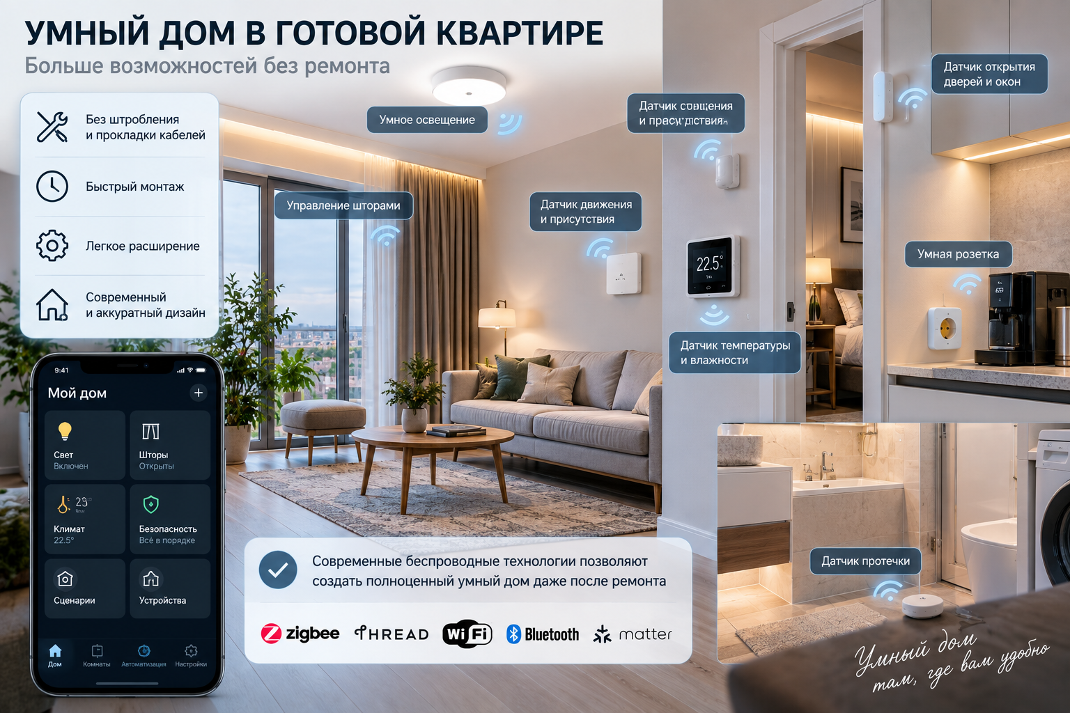 Беспроводной умный дом в готовой квартире с датчиками движения, протечки, температуры, умным освещением, розетками и управлением шторами