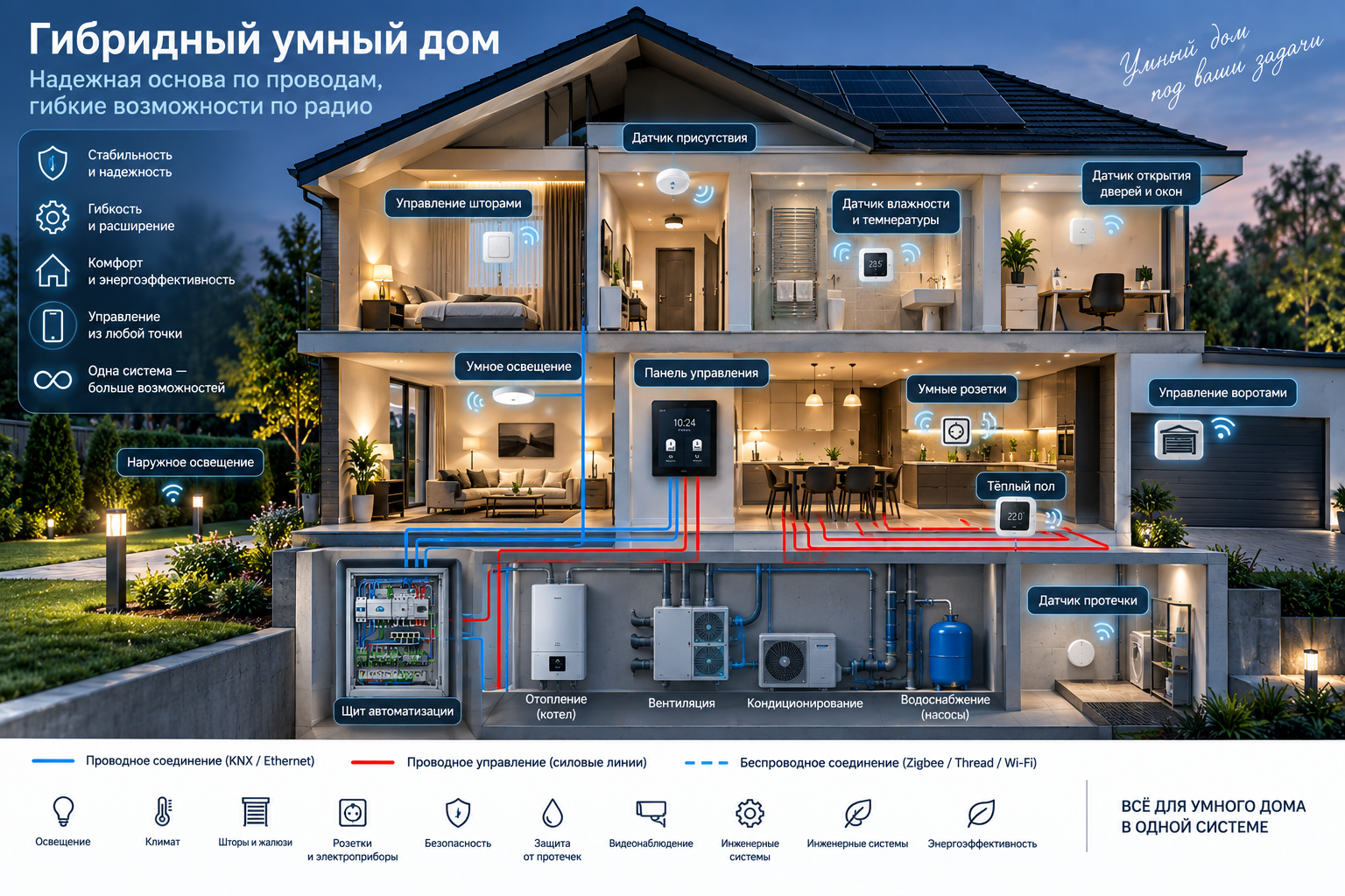 Гибридный умный дом с проводной KNX и Ethernet инфраструктурой и беспроводными Zigbee, Thread и Wi-Fi устройствами для управления освещением, климатом и безопасностью