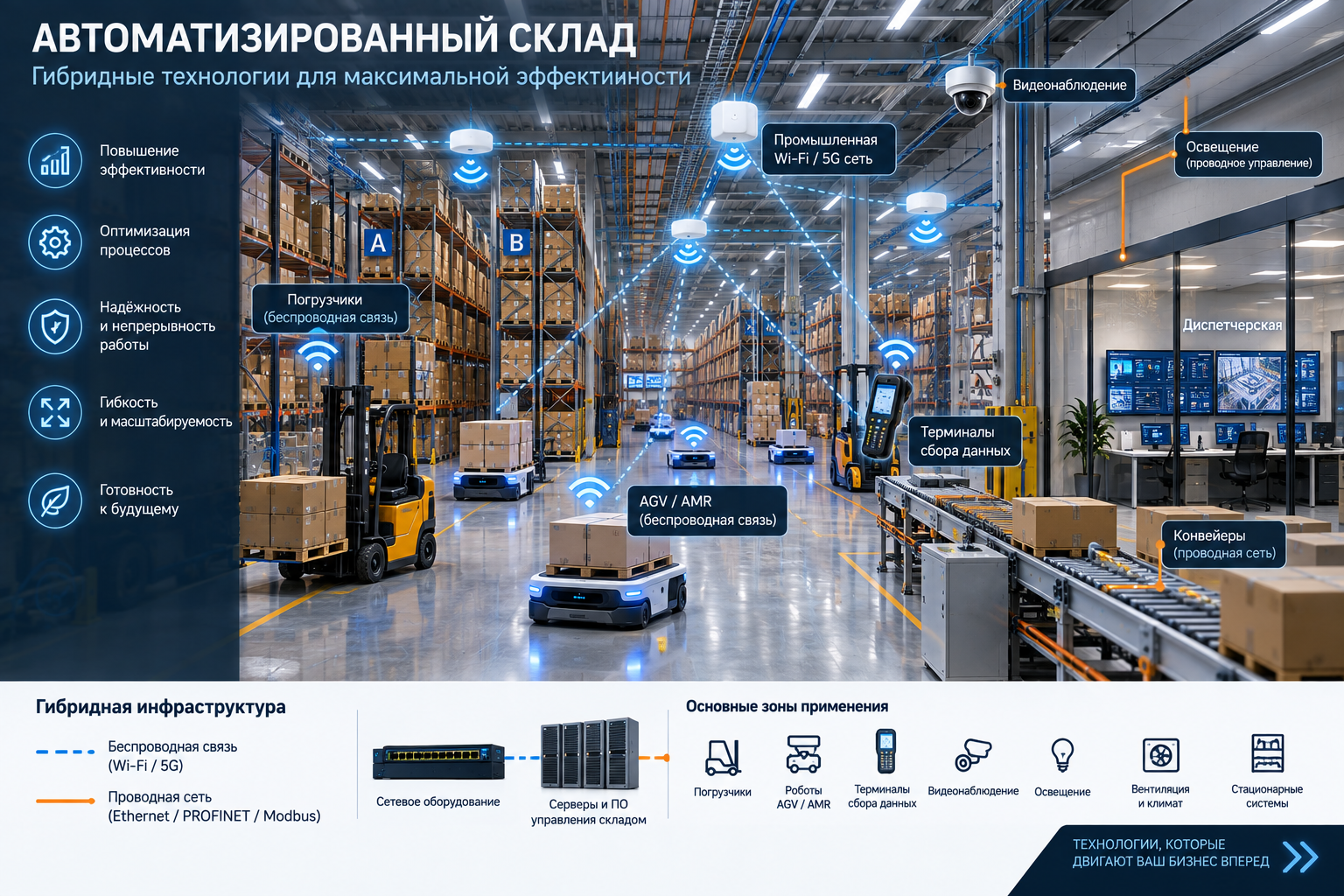 Автоматизированный склад с проводной инфраструктурой, промышленной Wi-Fi сетью, роботами AGV и AMR, погрузчиками и терминалами сбора данных