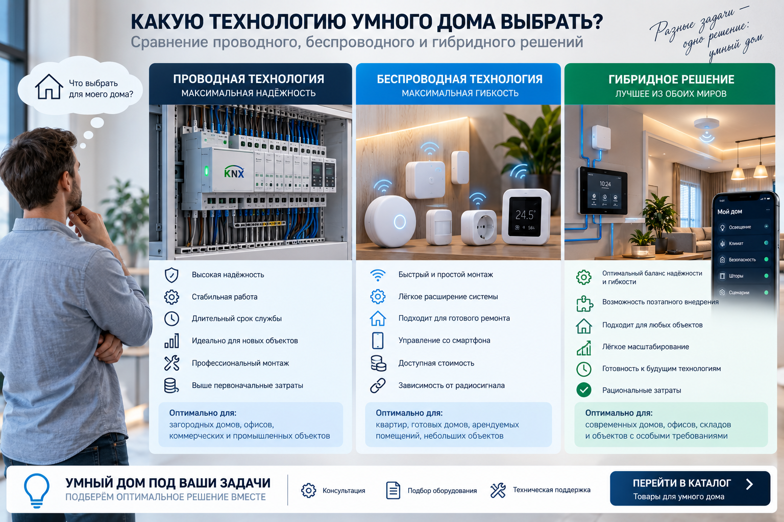 равнение проводной, беспроводной и гибридной технологий умного дома для выбора системы автоматизации квартиры, дома, офиса или промышленного объекта