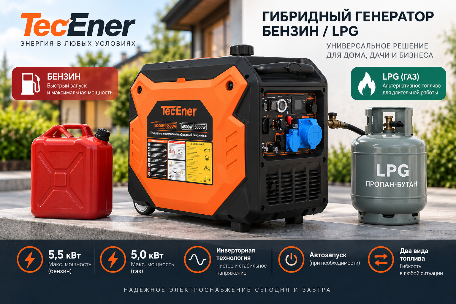 Инверторный гибридный генератор TecEner TE6000GLis бензин-газ мощностью до 5,5 кВт