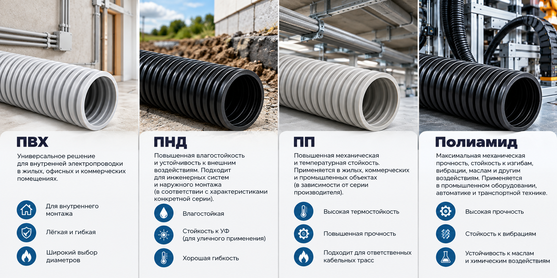Сравнение гофрированных труб ПВХ ПНД ПП и полиамид для электропроводки