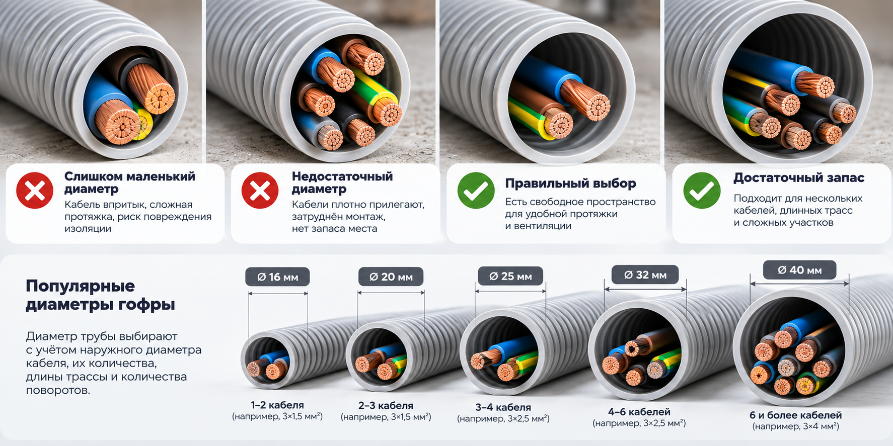Выбор диаметра гофрированной трубы для электрического кабеля