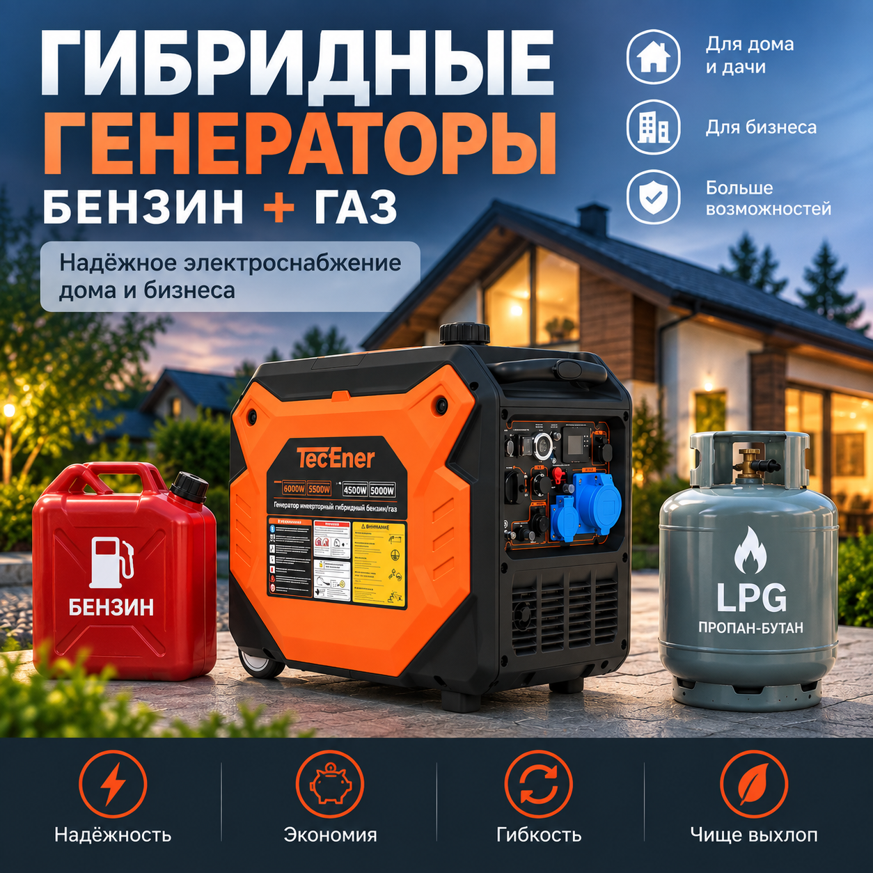 Гибридные генераторы бензин-газ: два вида топлива для надёжного резервного питания