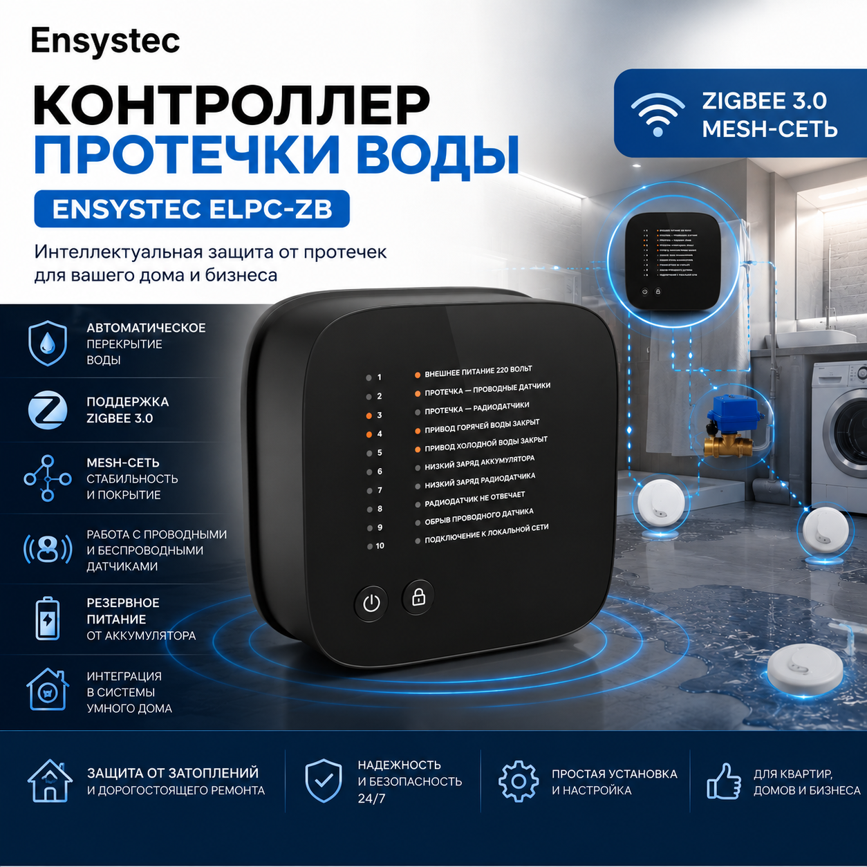 Контроллер протечки воды Ensystec ELPC-ZB - интеллектуальная защита от протечек с поддержкой Zigbee