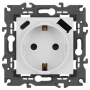 Розетка Elegance 14-4108-01 16A 250В 2P+E защ. шторки с USB type-A+C 3А 5В белый Эра Б0067736