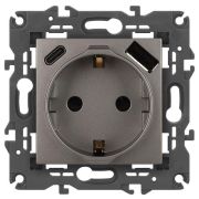 Розетка Elegance 14-4108-16 16A 250В 2P+E защ. шторки с USB type-A+C 3А 5В титан Эра Б0067695