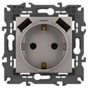 Розетка Elegance 14-4109-16 16A 250В 2P+E защ. штор. с 2xUSB 3А 5В титан Эра Б0065775