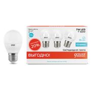 Лампа светодиодная LED 7Вт E27 220В 4100К Elementary шар (3 лампы в упаковке) | 53227T | Gauss