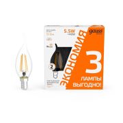 Лампа светодиодная филаментная Basic Filament 5.5Вт свеча на ветру 2700К Е14 510лм (уп.3шт) GAUSS 1041116T