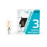 Лампа светодиодная филаментная Basic Filament 5.5Вт свеча на ветру 4100К Е14 530лм (уп.3шт) GAUSS 1041126T